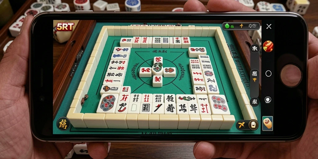 Tampilan gameplay menakjubkan di 5RT dengan ubin Mahjong berwarna-warni.