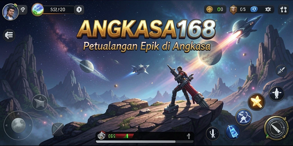 Tampilan gameplay Adventure ANGKASA168 dengan planet dan karakter menarik.