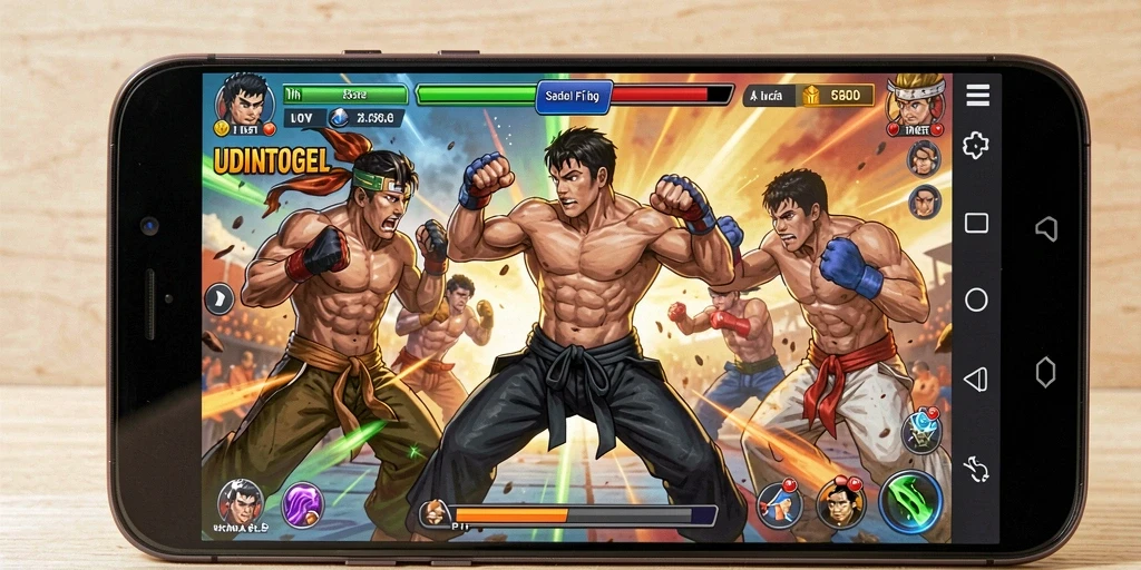 Tampilan gameplay pertarungan seru dan karakter unik di UDINTOGEL.